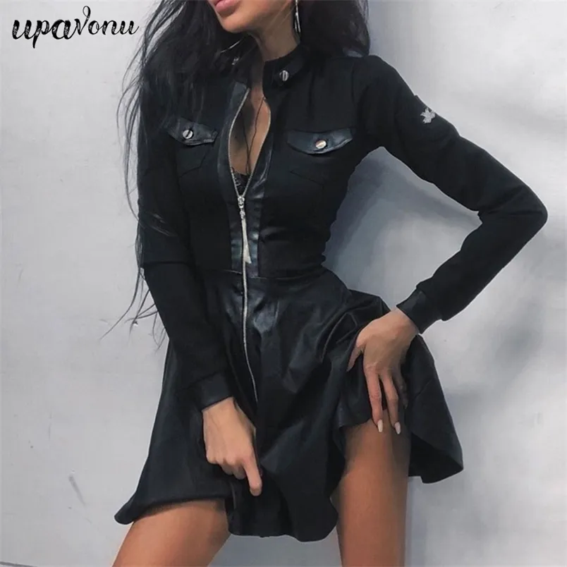 Free Faux Leather Stitching Dress Stand Collar Long Sleeve Front Zip A-line Mini Club Wearing Sexy 210524