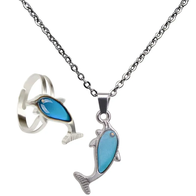 Earrings & Necklace Sweet Ring Color Change Mood Temperature Link Chain Dolphin Pendant Fashion Jewelry Set