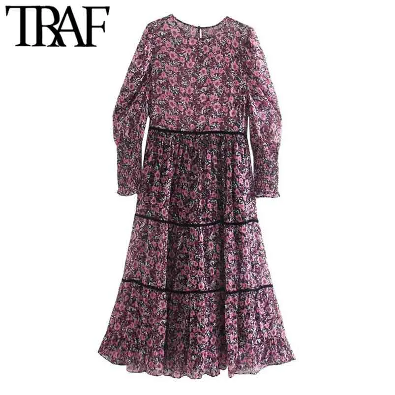 Women Chic Fashion Floral Print Velvet Patchwork Midi Dress Vintage Long Sleeve With Lining Female Dresses Mujer 210507