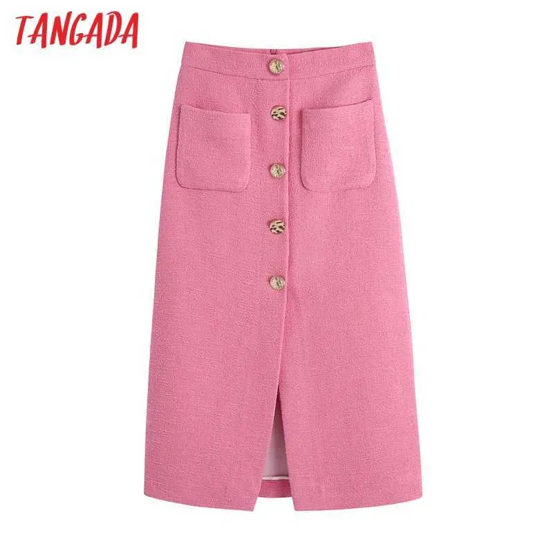 Tangada French Style Women Buttons Front Slit Pink Tweed Midi Skirt Vintage High Waist Zipper Female Skirts Mujer BE520 210609