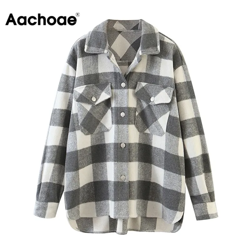 aachoae女性ヴィンテージT Plaid Shirtジャケット長袖シングルブレストコートポケット付き袖口のカラーレディースジャケット210918