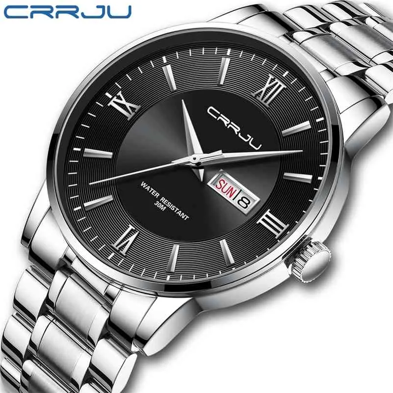reloj hombre CRRJU Men's Watches Fashion WristWatch for Men Stainless Steel Band waterproof Calendar Silver Gift Quartz watches 210517