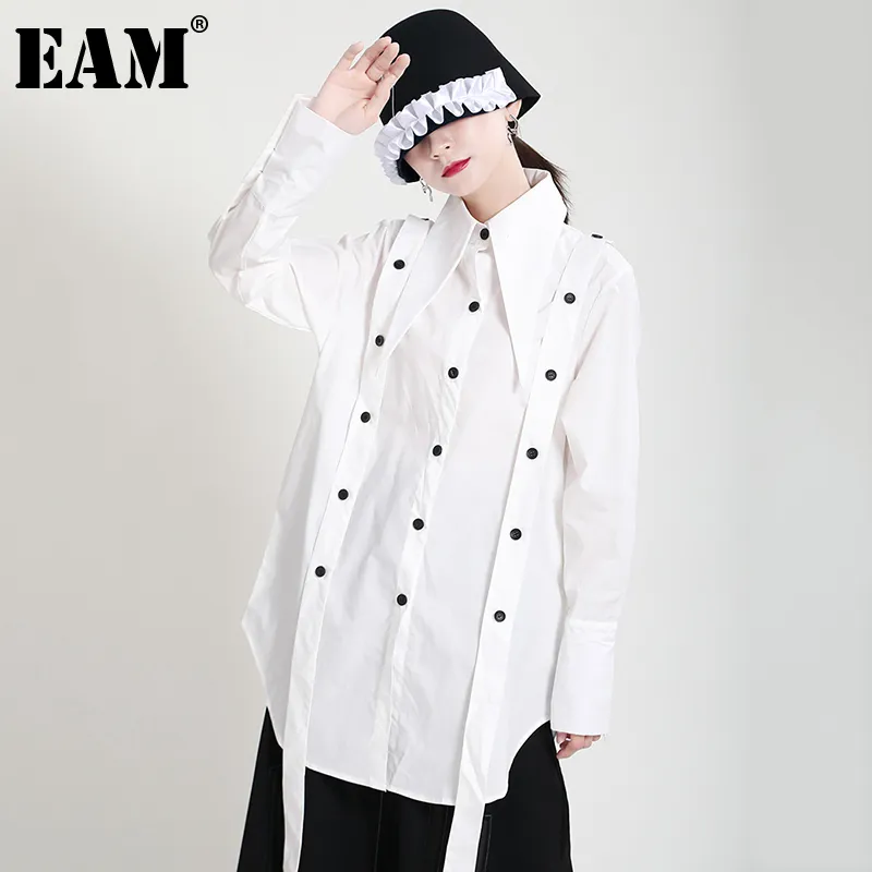 [EAM] mujer negro botón cinta larga tamaño grande blusa solapa manga larga suelta ajuste camisa moda primavera otoño 1DD61190 21512