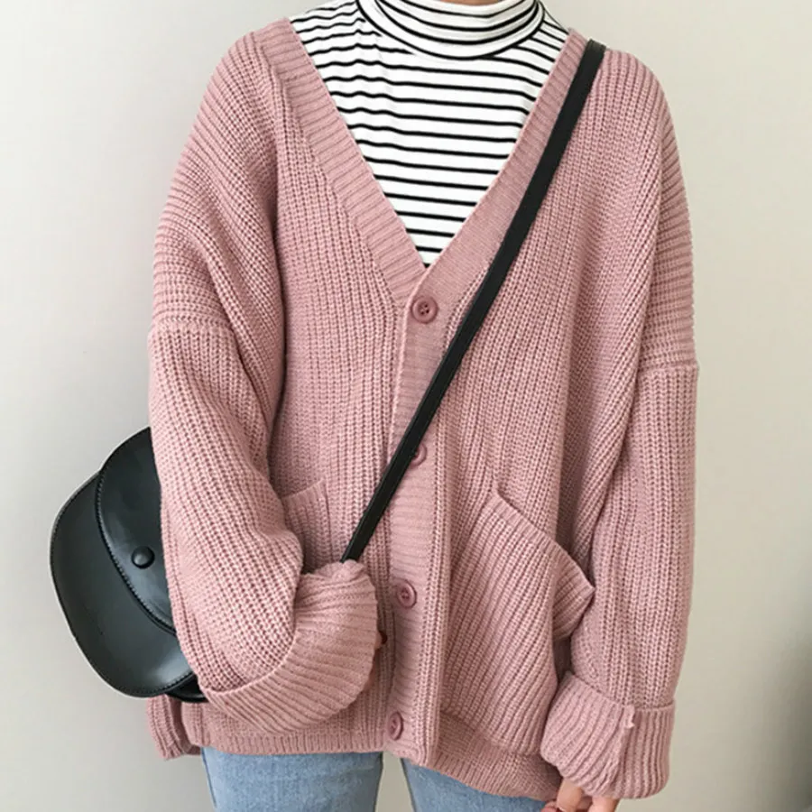 Designer Simple Casual Oversized Sweater Women Loose V Neck Slim Knit Sweater Woman Autumn and Winter Korean Warm Cardigan Femin