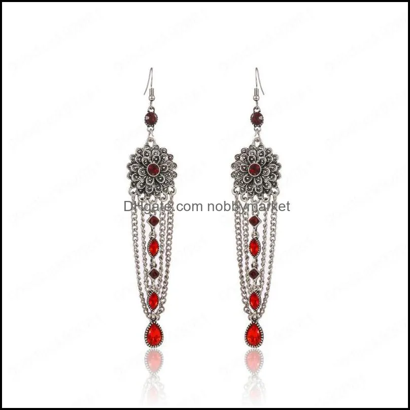 Jhumka Retro Flower Long Tassel Earrings Pendientes Mujer Hangers Fashion Rhinestone Dangle Earrings Bohemian Women Ear Jewelry