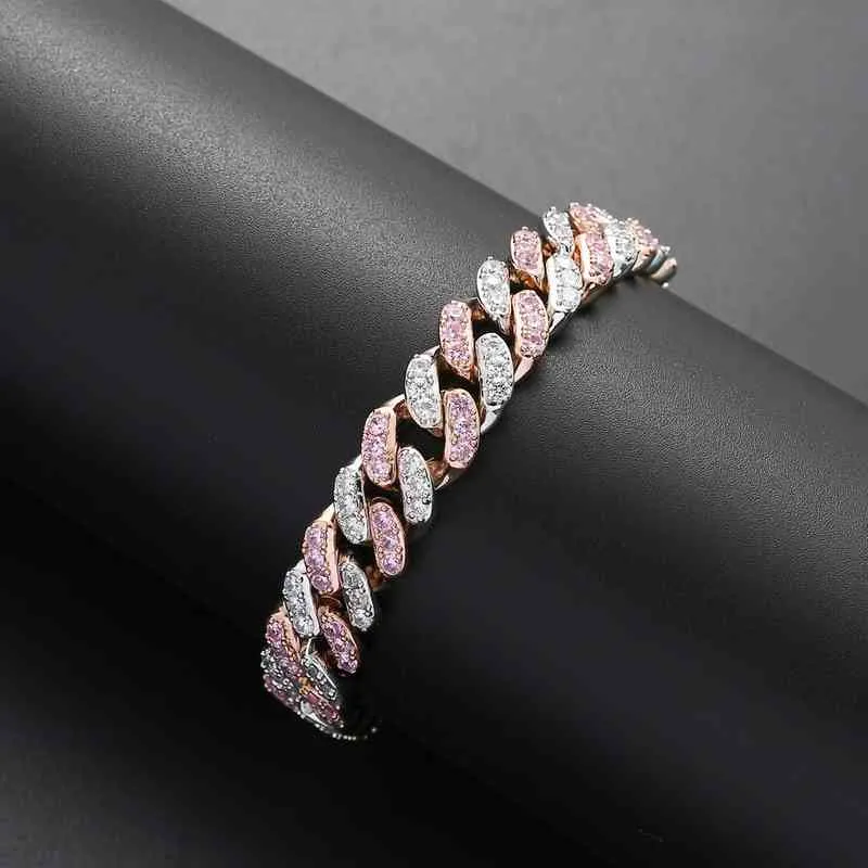 12/15mm Micro Pave Coloré Rose Blanc Cristal Cubain Lien Chaîne Cheville Bracelets Pour Enfants Hommes 25 cm Hip Hop Jewlry Drop