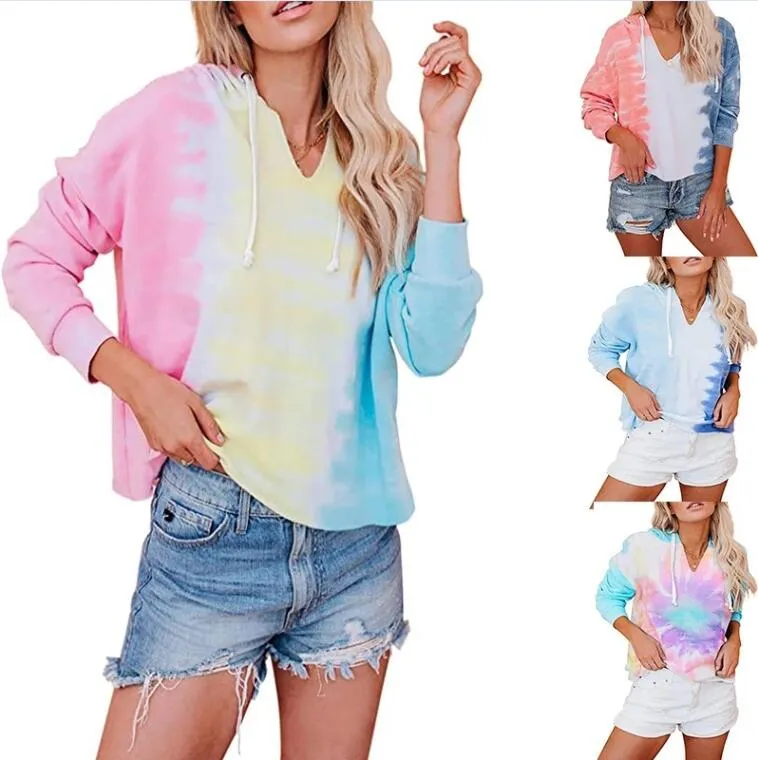 Tie-Dye Neck Blouse Imprimir Casual Pullover Hoodies Loose Estilo Coreano Com Capuz Tops Suéter Sweatshirts Manga Comprida Verão Outerwear Camisas CGYA88