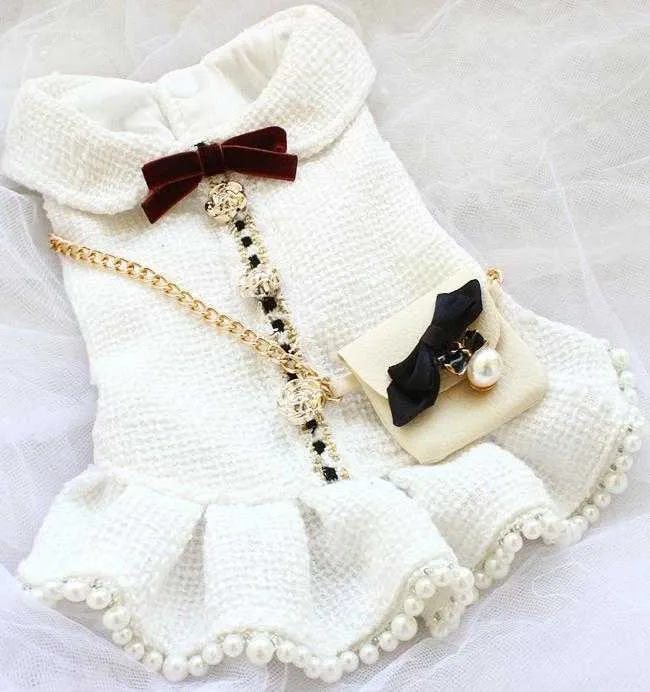 handmade luxurious dog clothes vintage C style tweed chain bag pearl classic dog dress autumn winter spring small pet