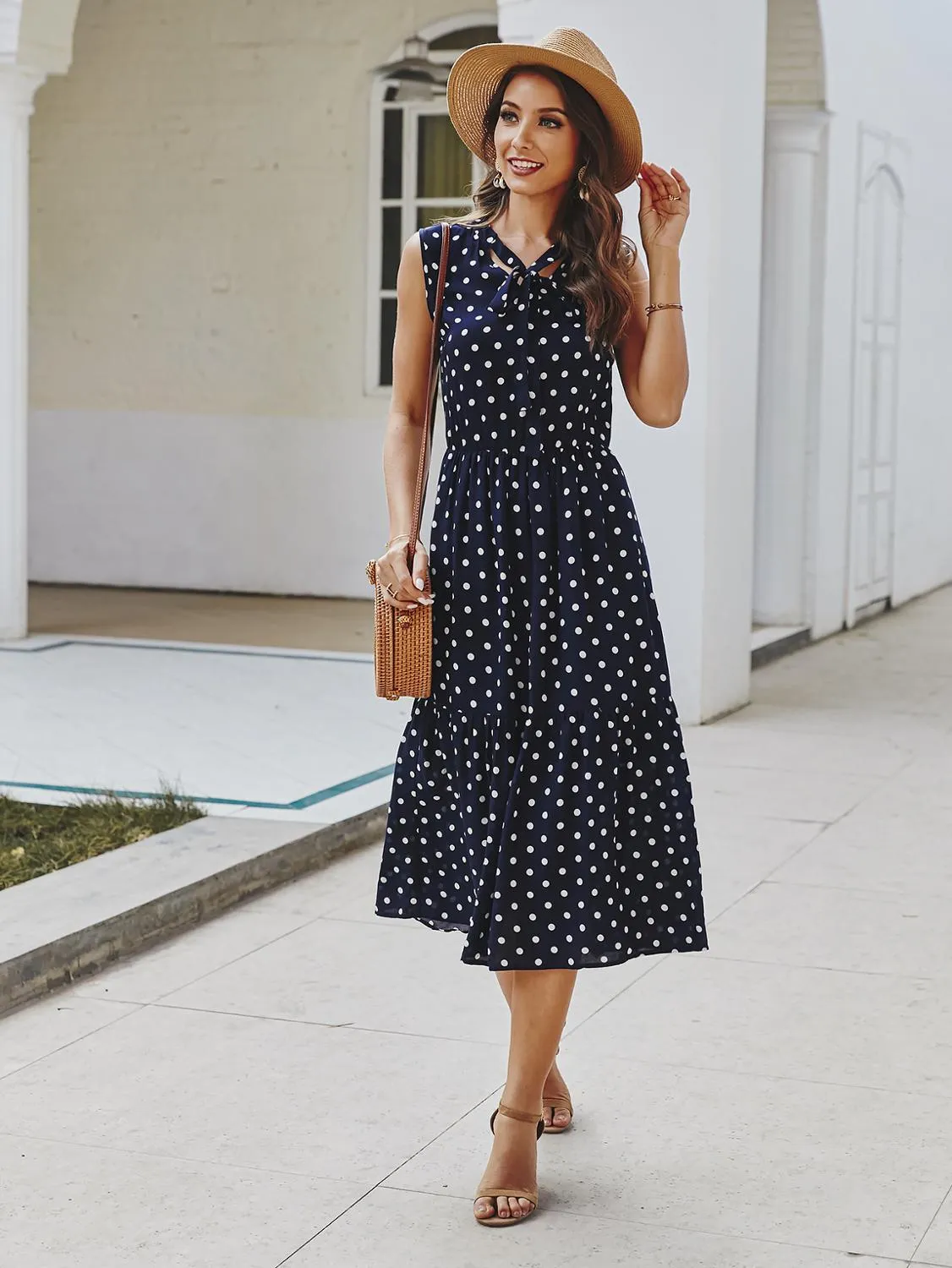 Long Dress Women Polka Dot Pink White Ruched Midi Dresses Elegant