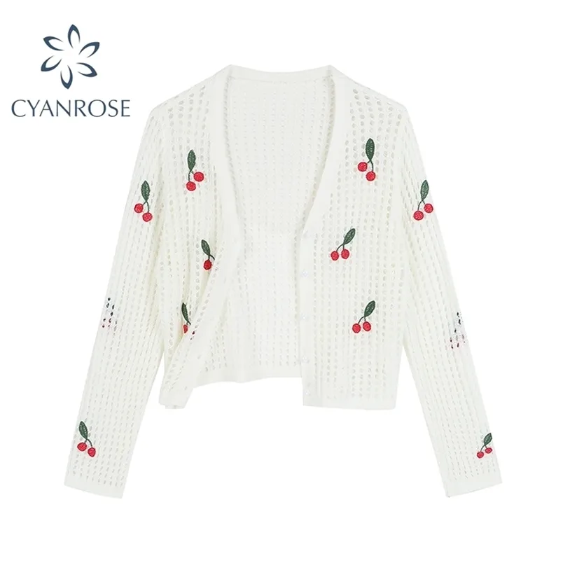 夏の女性の長袖ニットセーター韓国のヴィンテージの素敵なピンクの白い桜の刺繍編み編みカーディガン210515