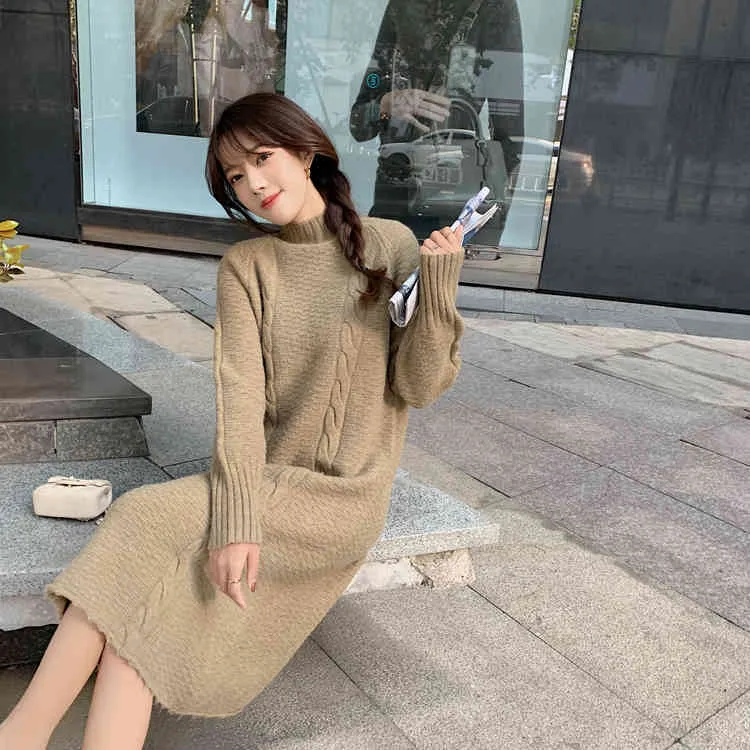 Cable Knit Dress Womens Chic Long Sweater Dress With High Collar