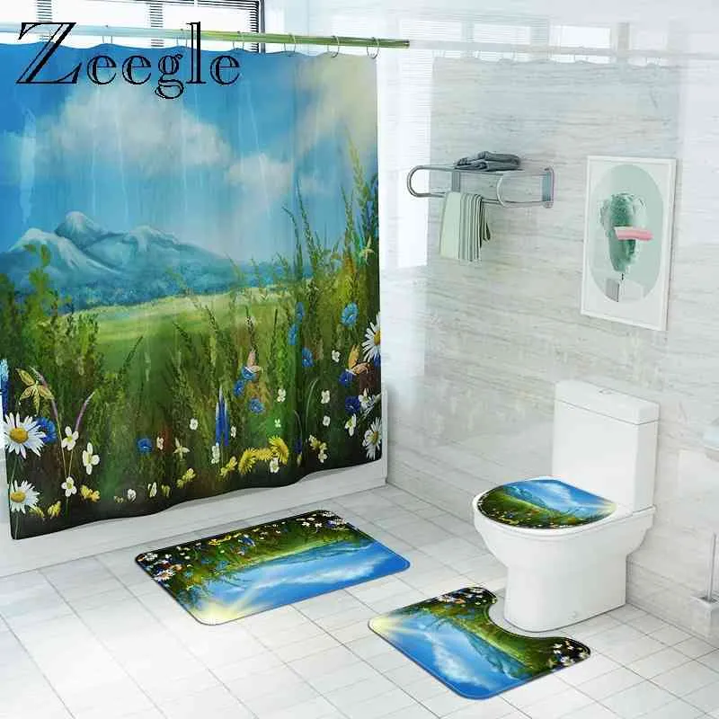 Fairy Tale World of Bath Mat Waterproof Shower Curtain Set Flannel Bathroom Floor Carpet Shower Room Foot Mat