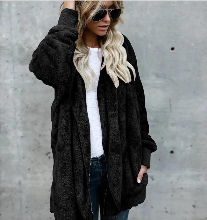 Womens Faux Fur Jackets Outerwear Winter Hooded Velvet Coats Pocket Design Loose Coats Women Clothing Warm Soft Outerwear Tops