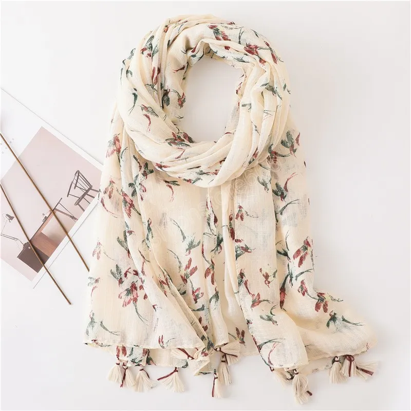 Flower Printed Scarf Shawls Women Tassesl Hijabs Fashion Cotton