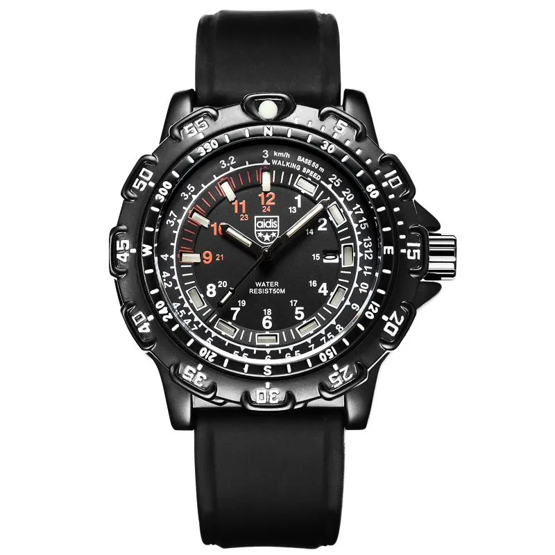 Addies Outdoor Leger Sport Lichtgevende Buis Quartz Horloges 50M Waterdicht Heren Zwart Siliconen Militair Horloge Klok 270V