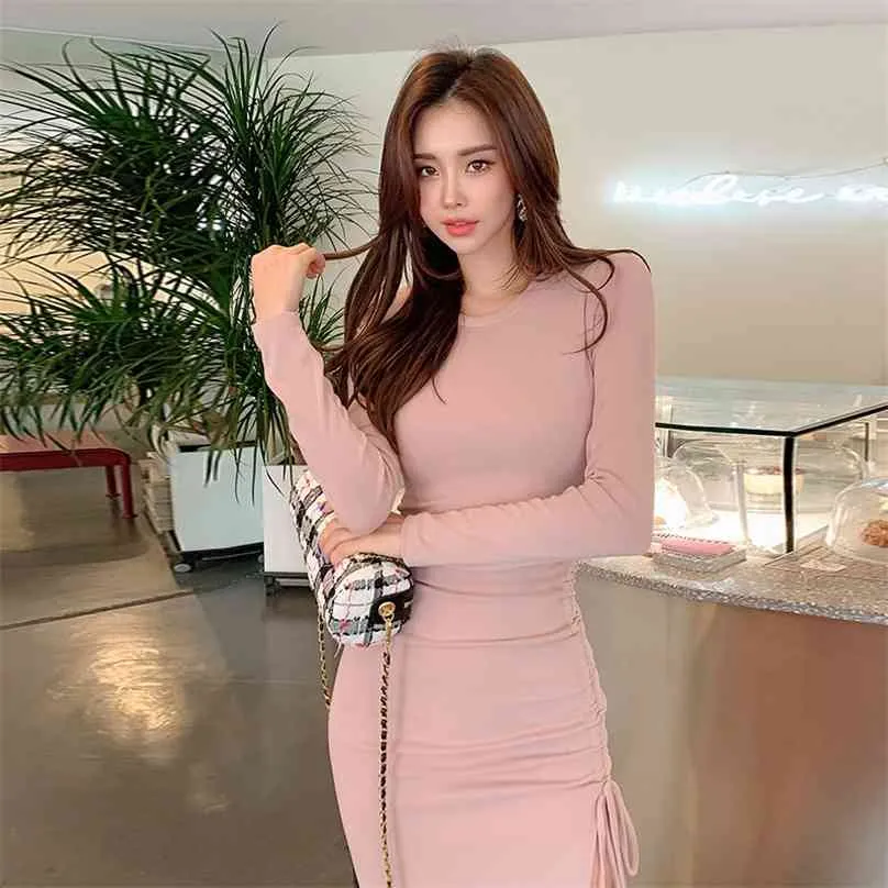 spring lady dress office sexy thin open fork round collar long sleeve for women dresses 210602