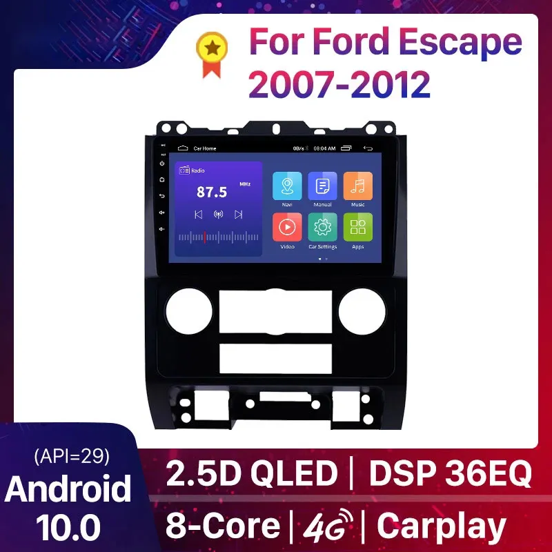 2 DIN Android 10.0 Bil DVD GPS-radioenhet spelare för FORD Escape 2007-2012 Support CarPlay SWC OBD2 DVR