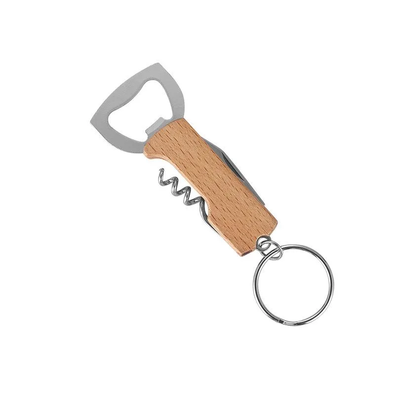 Beer Bottle Opener Keyring Keychain Stainless Steel Multifunctional Wooden Handle Corkscrew Wine Opener Bar Party Accessory New