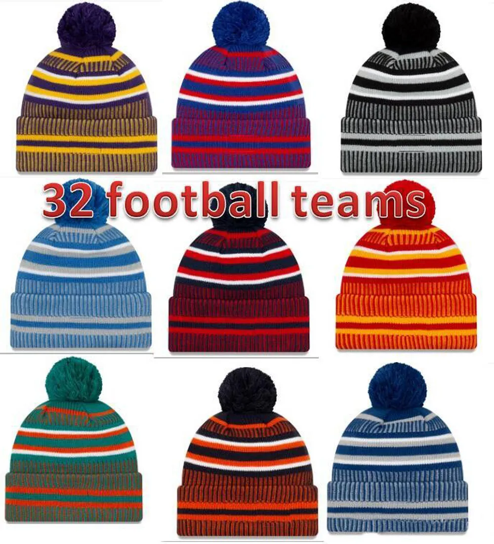 Nya Jul Sideline Beanies Kepsar Amerikansk fotboll 32 Team Sport Vinter Sida Linje Sticka Kepsar Beanie Stickade hattar Partihandel