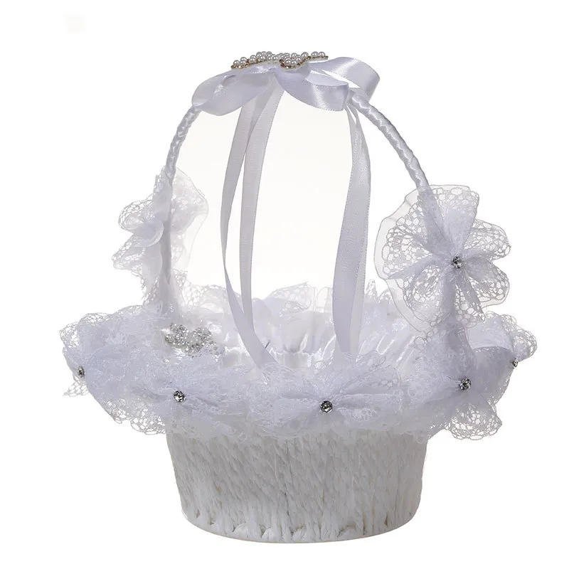 Artisanat blanc perle strass grand arc panier de fleurs fournitures de mariage fleur fille panier mariage mariée Portable panier de fleurs