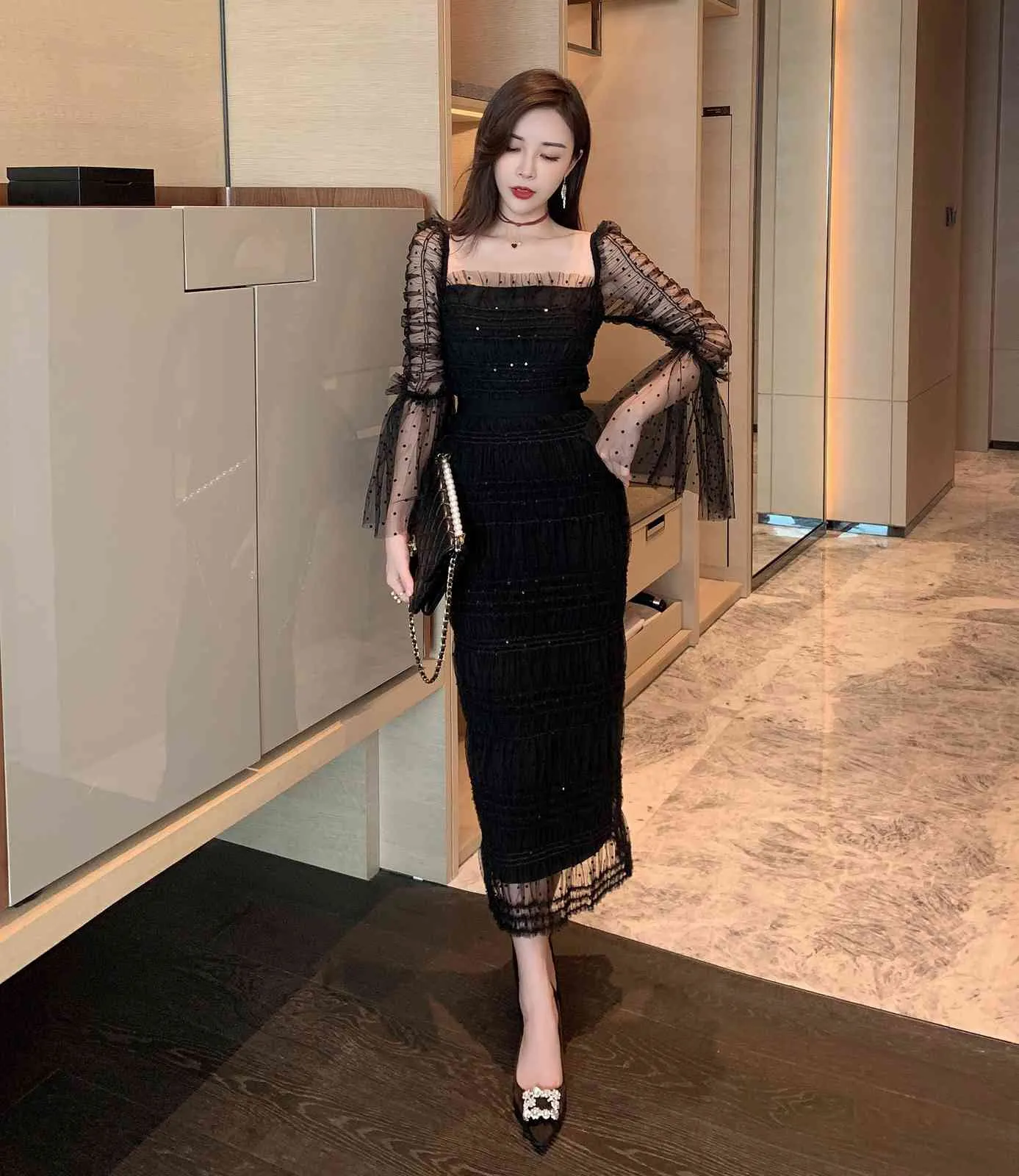 Arrival Summer Party Corset Slim Wrap Velvet Flare Sleeve Womens Dresses Black Mesh Patchwork Elegant Sheath Dresses 210514