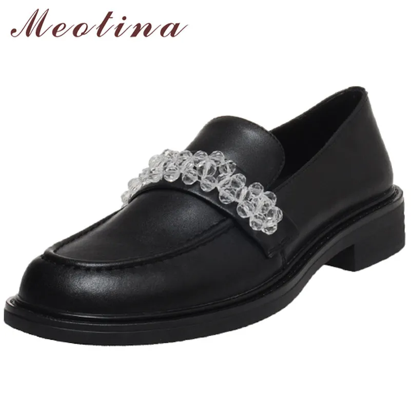Med klackar naturliga äkta läder loafers skor kvinnor chunky häl pumpar kristall rund tå kvinnlig skor vår svart 210517