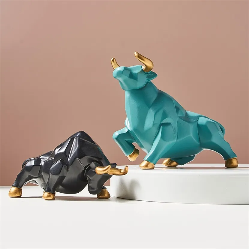 Estatua de toro geométrica abstracta, escultura de resina, figuritas de animales, decoración nórdica para el hogar, ornamento de ganado, decoración de escritorio de oficina 220121