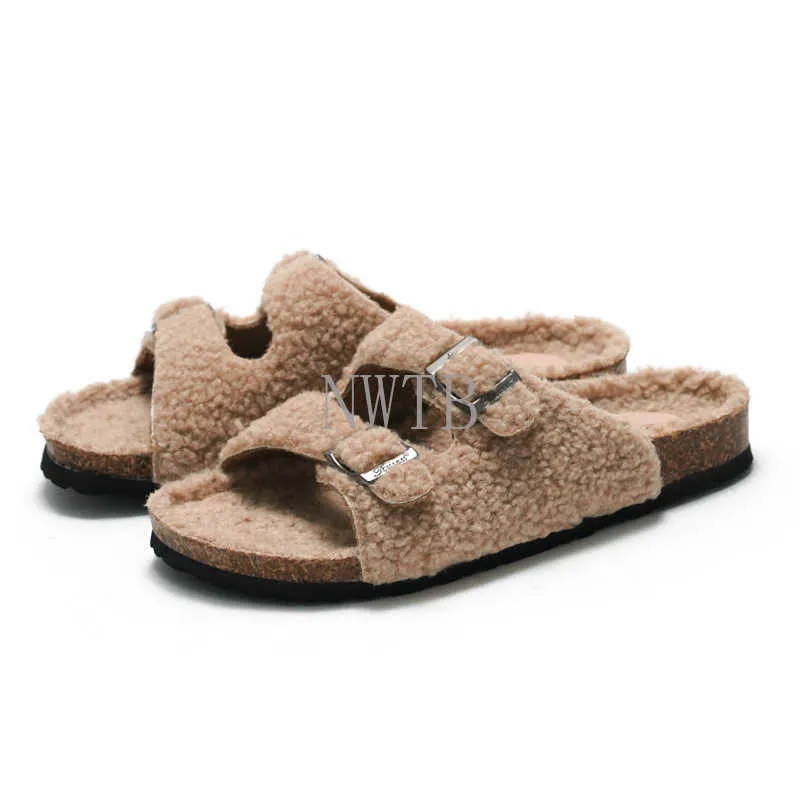 New Autumn and Winter Women's Slippers Lamb Wool Men's Sandals Casual Shoes Keep Warm Zapatillas De Felpa Planos Para Mujer Y1007