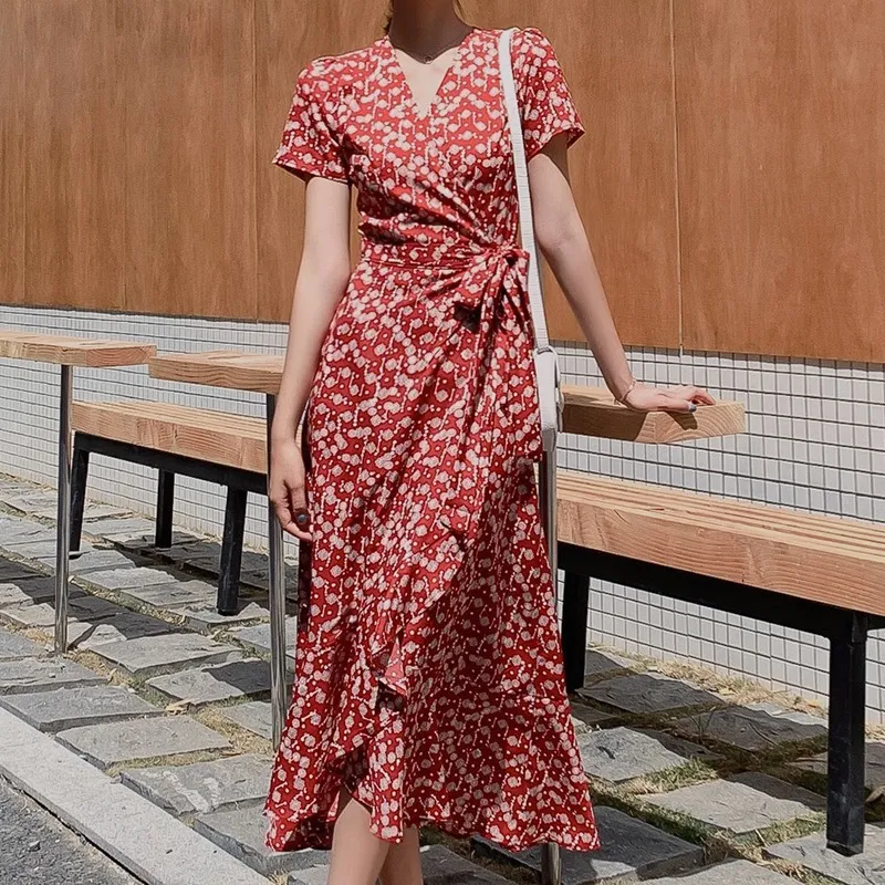 Boho Chiffon Dress Floral Print Sexy V-neck Bench Maxi Dress