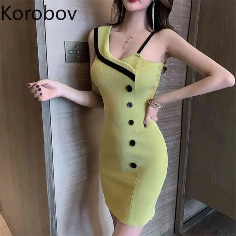 Korobov Sexy Femmes Spaghetti Strap Dress Vintage Button Hit Couleur Patchwork A-Line Robes Streetwear Sexy Tricoté Vestidos 210430