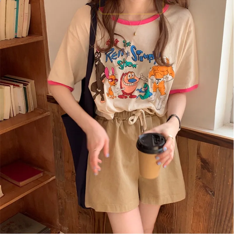 2colors summer korean chic style Cartoon print short sleeve crop top for womens t-shirts womens tee shirt femme (X1922) 210423