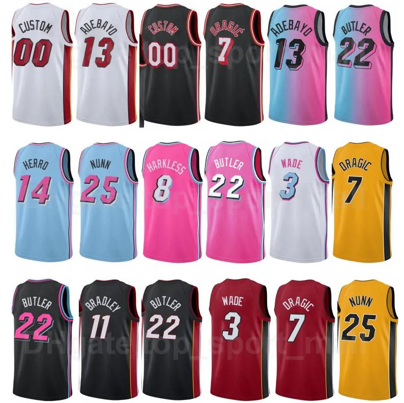 Sérigraphie Basketball Dwyane Wade Jersey 3 Jimmy Butler 21 Tyler Herro 14 Goran Dragic 7 Kendrick Nunn Bam Adebayo Noir Bleu Rouge