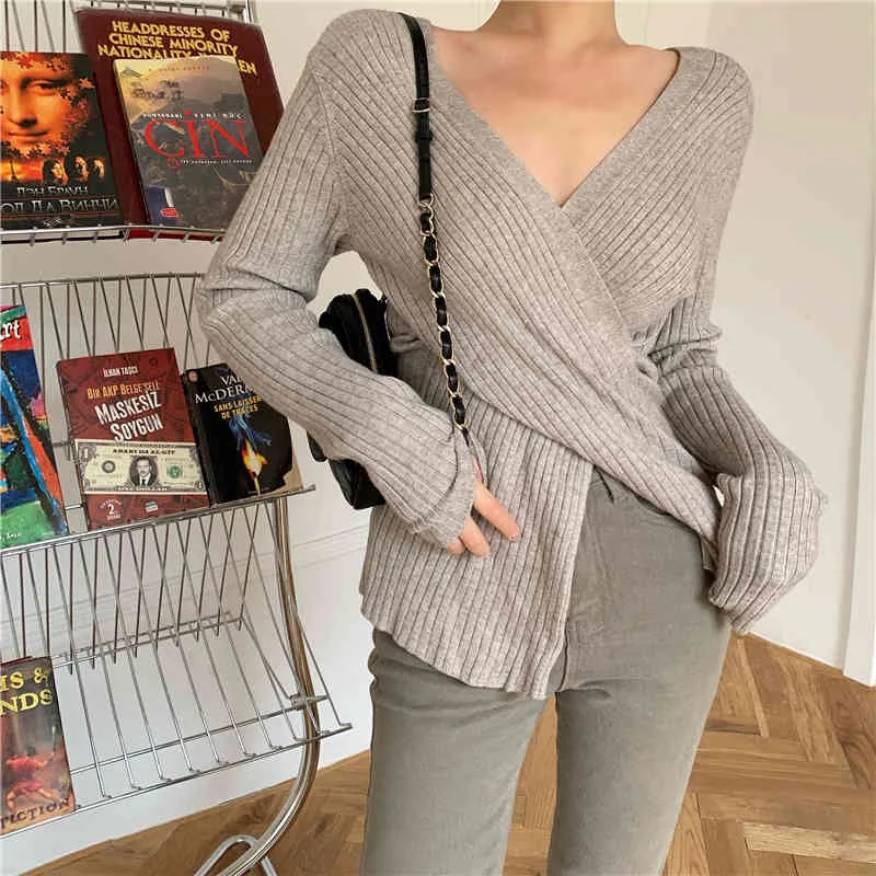 3Colors womens knitted Sweater Autumn and winter loose korean style irregular v neck Sweaters and pullovers womens (R99513) 210423