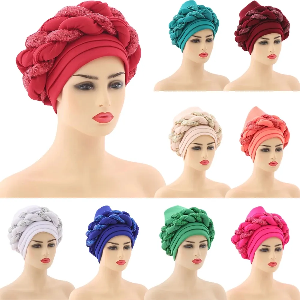 Paillettes femmes musulmanes Hijab africain Auto Geles Aso Oke Headtie déjà fait tresse Turban casquettes prêt Bonnet chapeau tête enveloppes mode