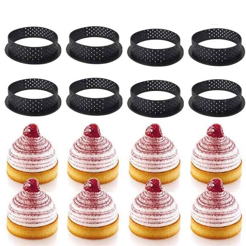 8 stks / set Non-StickTart Mold Ring Geperforeerde Plastic Snijringen Mousse Cirkel Cutter DIY Bakken Accessoires 210702