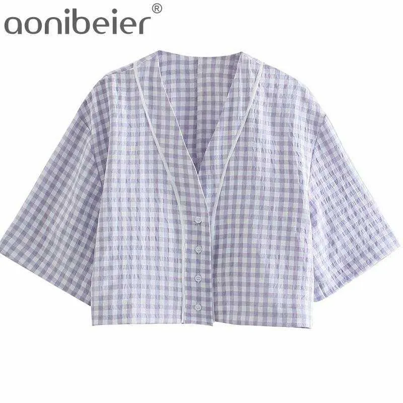 Summer Short Sleeve Purple Plaid Crop Tops White Trim V Neck Button-up Women Shirts Drop Shoulder Casual Blouses 210604