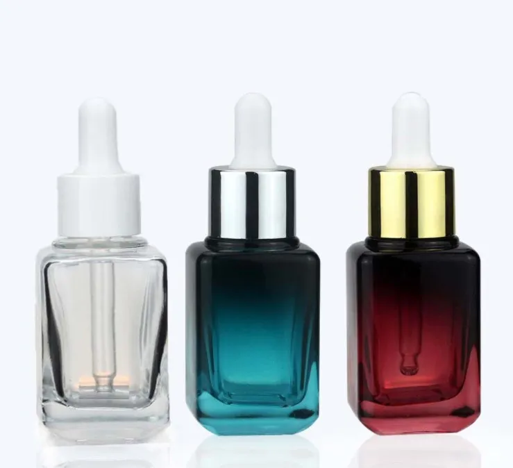 Square Glass Essential Oil Perfume Bottles Pipette Eye Dropper Bottle 30ml in Gradient Blue Red and Clear