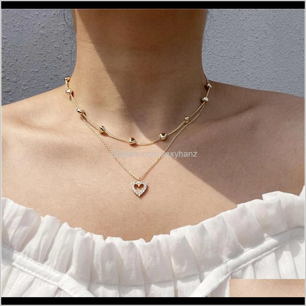 trendy street shooting diamond love pendant necklace net red versatile double peach heart clavicle chain schoolgirl jewelry