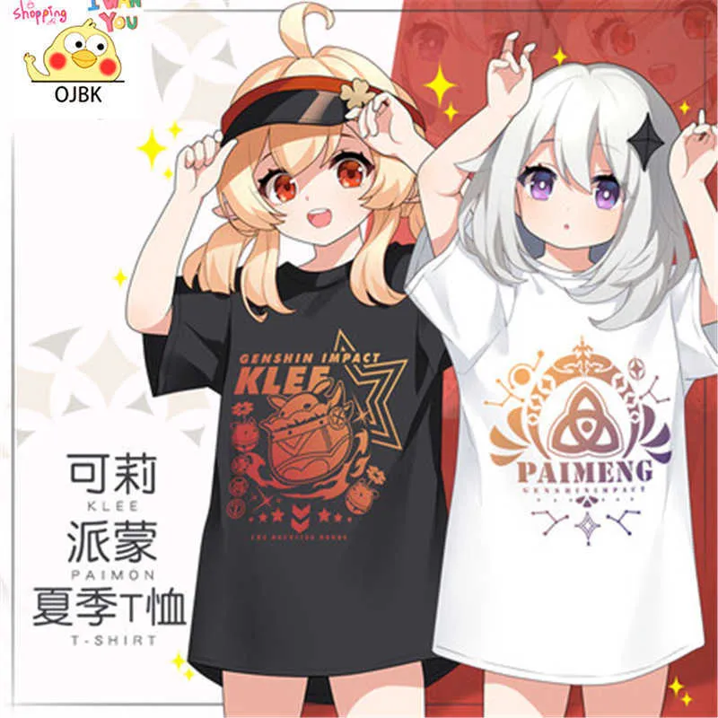 Anime Game Genshin Impact Cosplay Футболка Klee / Paimon Тема летом круглые шеи с короткими рукавами, хлопковый материал, на наличии Y0903