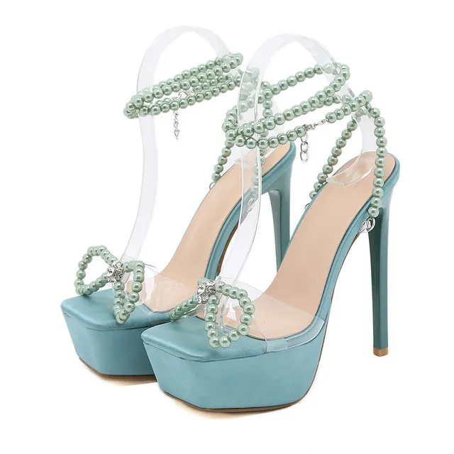 15cm High Heeled Sandals Pink Pearl Chain Ankle Platform Heels