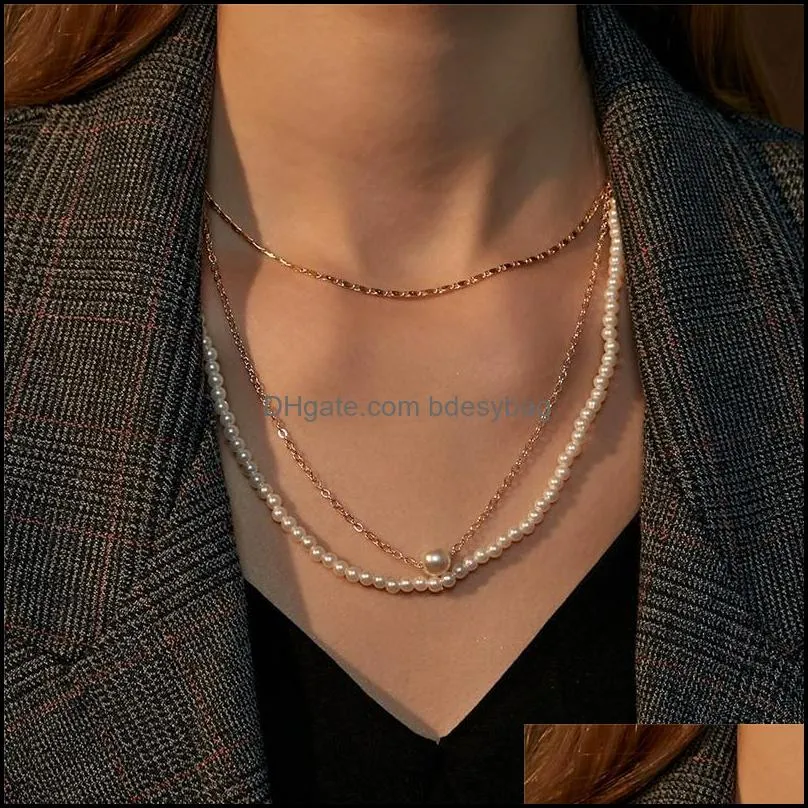 15pcs/Lot Europe Fashion Pearl Beaded Necklaces Multi Layer Women Alloy Clavicle Chain Three Layer Trend Pendant Necklaces Jewelry