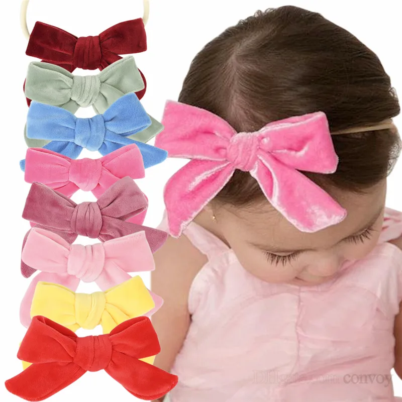 Baby Girls Headbands Kids Nylon Bowknot Hairbands Elastic Fijos Accesorios para el cabello Princess Headwear Colores sólidos KHA287