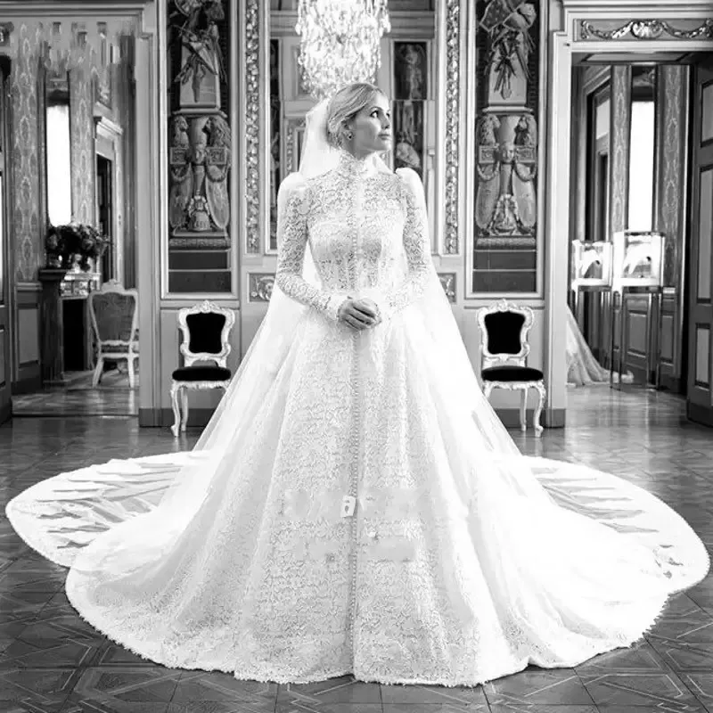 Vintage Full Lace A Line Wedding Gown With Long Sleeves And