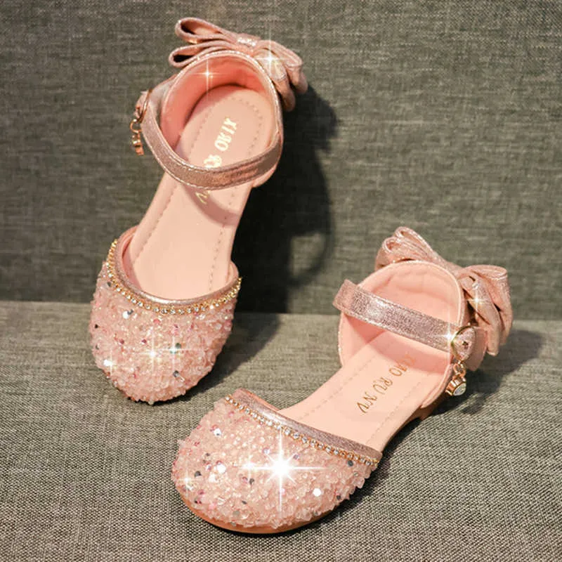 Lente zomer kinderen meisjes schoenen sandalen pailletten boog prinses dansschoenen voor meisjes platte hakken kinderen schoenen schoenen 210713