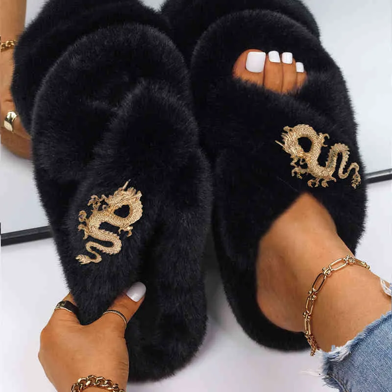 Fur Slippers Women Designer Furry Slides Ladies Flip Flops Golden Dragon Faux Fur Sandals House Slippers Luxury Brand Shoes 2022 Y220221