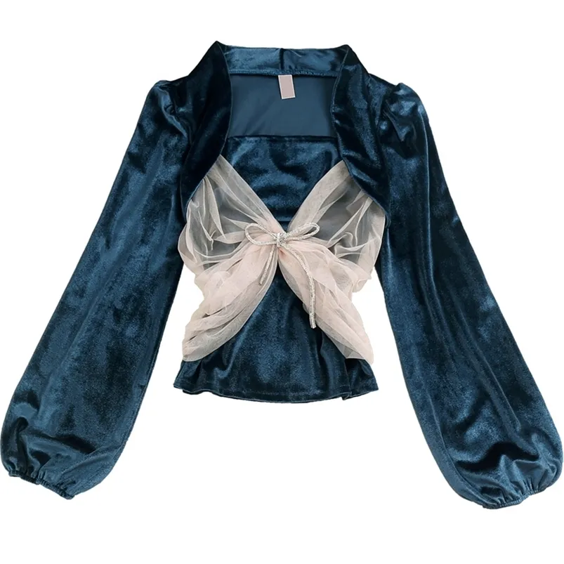 Höstnisch Velvet Blus Kvinnors Nipped Waist Square Collar Mesh Patchwork European Style Slim Shirts Fenale Tops LL1006 210507