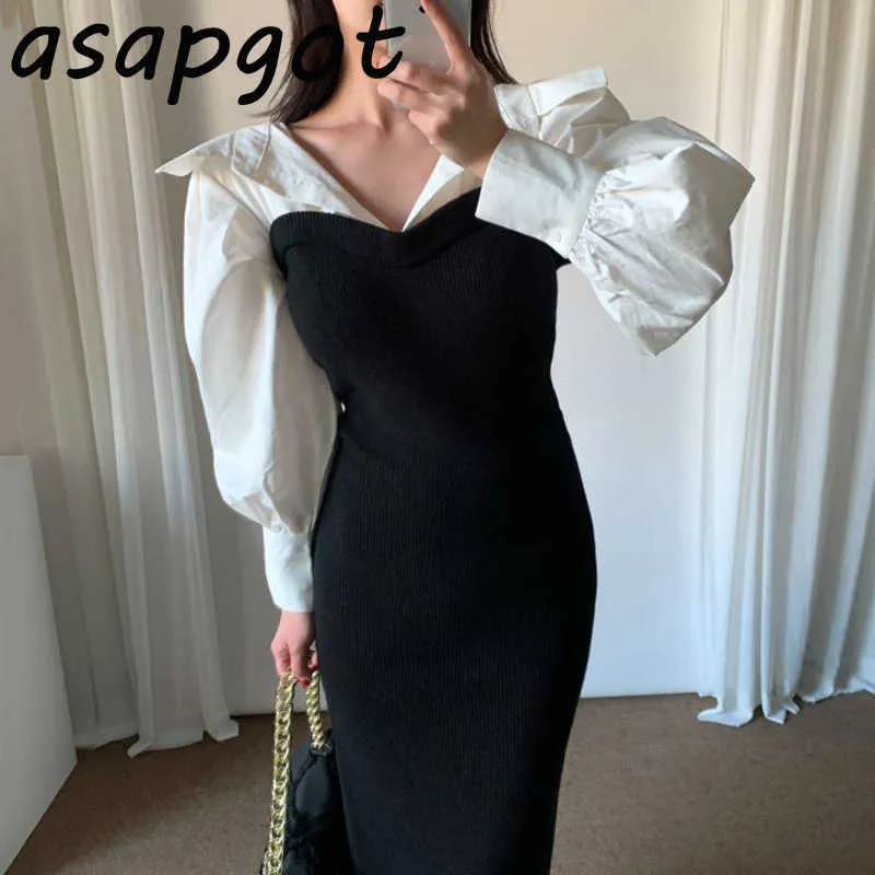 Отвораживает черный белый пэчворк фальшивый двух частей рубашка платье женщины тонкий высокий талию фонарик рукава русалка платье платье русалка труба Maxi Vestido 210610