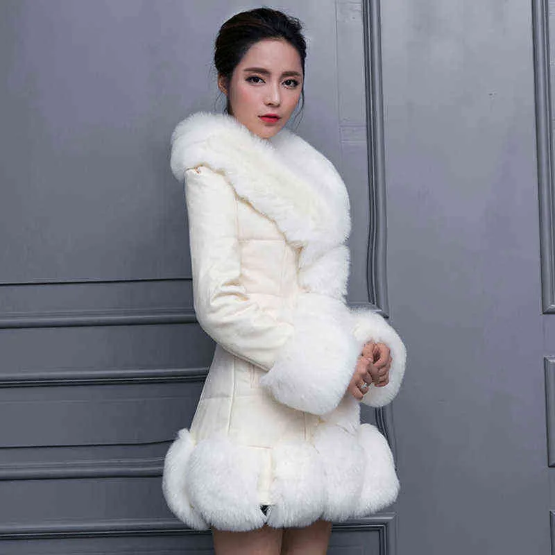 Fur All-in-One Coat Versão coreana feminina Slim PU PU Fur Imitation Collar Nine Point Sleeve Médio Long 211207