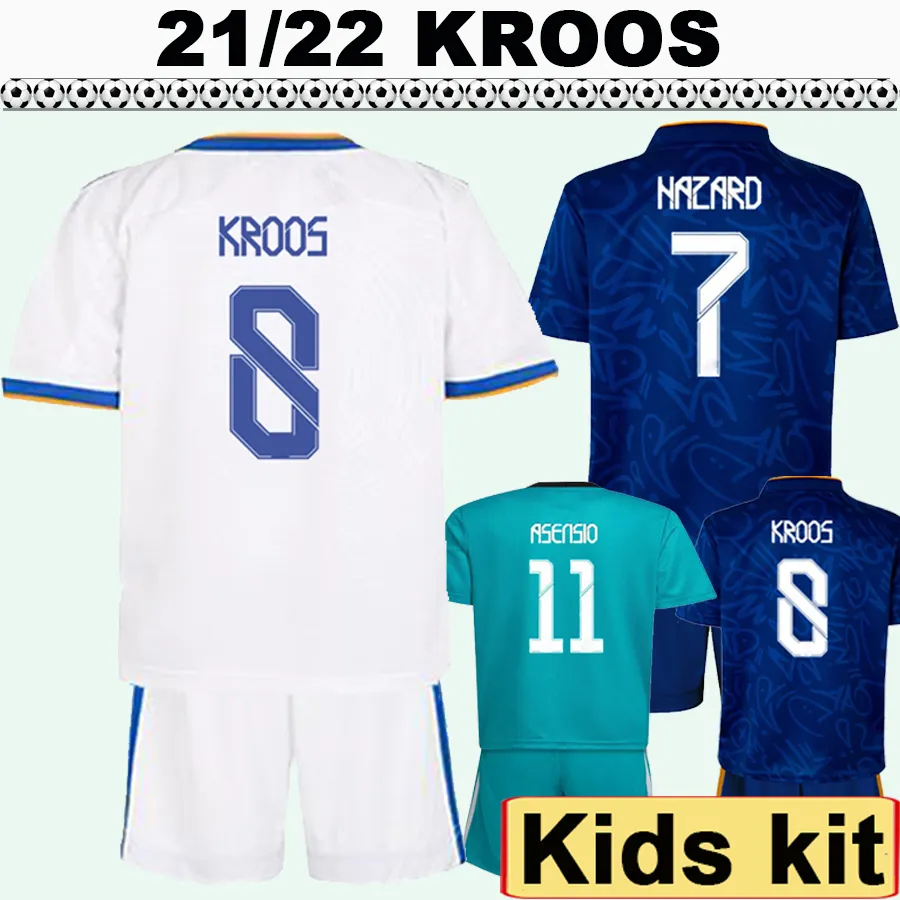 2021 2022 Rischio Benzema ISCO Kit Kit Kit da calcio Modric Mariano Kroos Asensio Alaba Casa Bianco Away Blu 3rd Bambino Camicia da calcio Uniformi