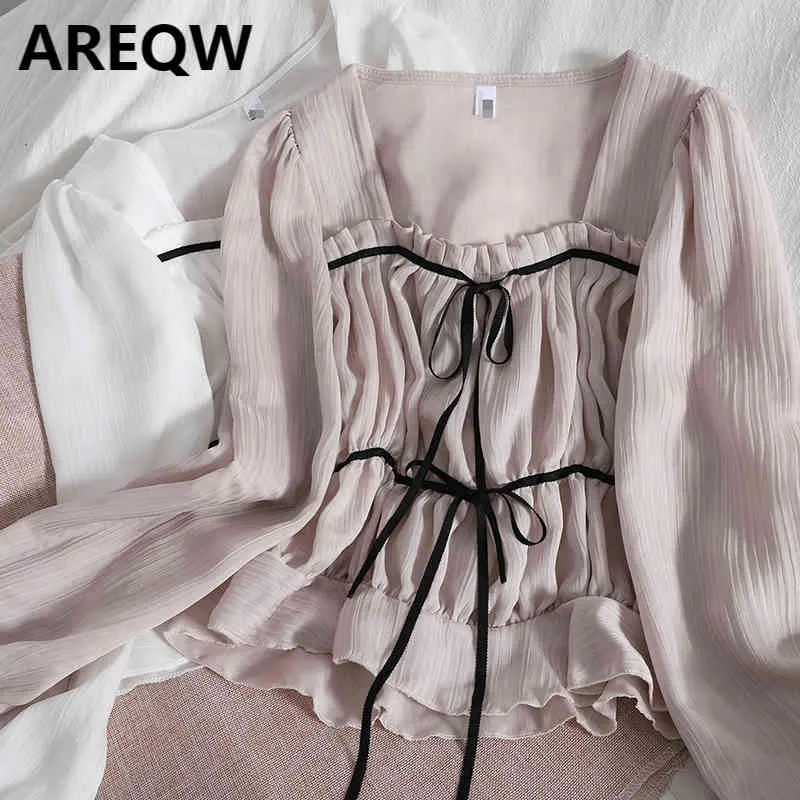 春服、真菌と正方形の襟、オールマッチ薄いシャツ、対照的なカラーサイドレースブラウス女性210507